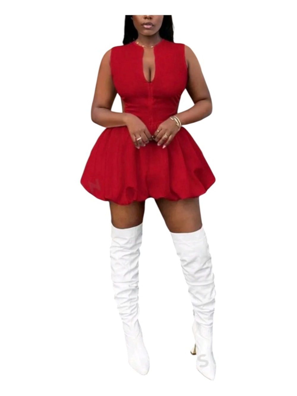 Floerns Zip Front Sleeveless Bubble Hem Mini Dress